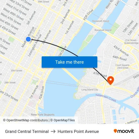 Grand Central Terminal to Hunters Point Avenue map
