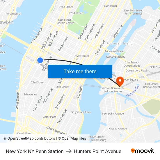 New York NY Penn Station to Hunters Point Avenue map