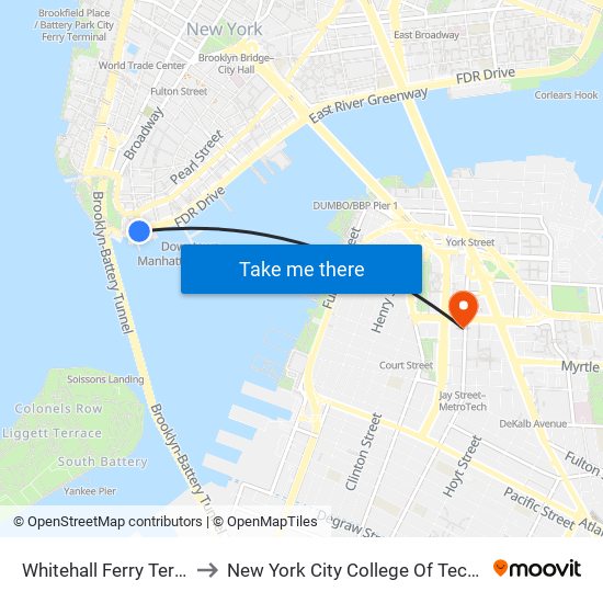 Whitehall Ferry Terminal to New York City College Of Technology map