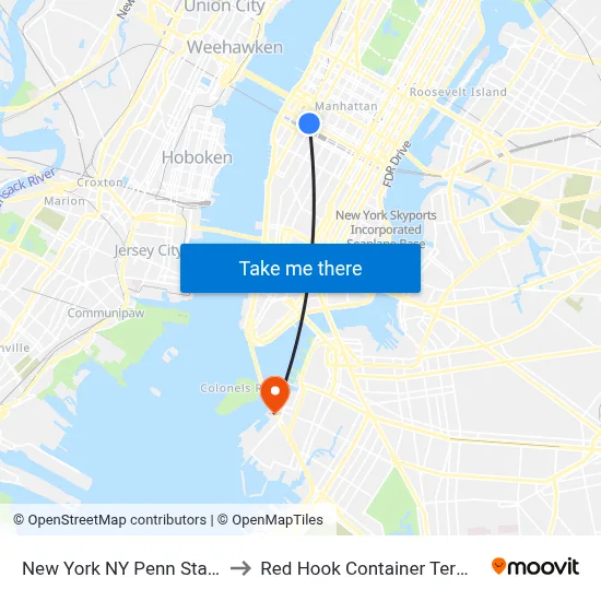 New York NY Penn Station to Red Hook Container Terminal map