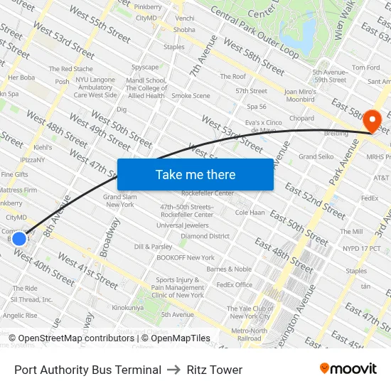 Port Authority Bus Terminal to Ritz Tower map
