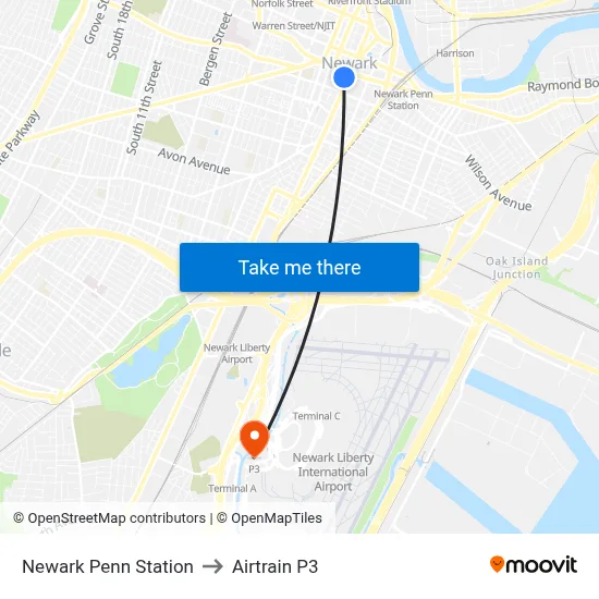 Newark Penn Station to Airtrain P3 map