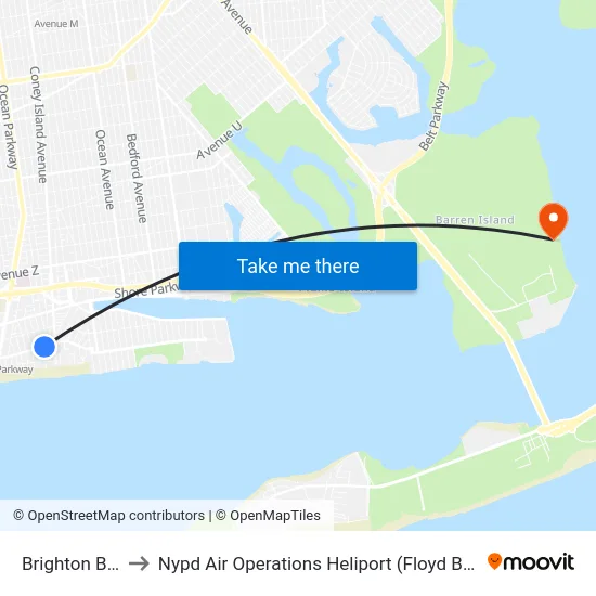 Brighton Beach to Nypd Air Operations Heliport (Floyd Bennett Field) map