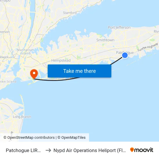Patchogue LIRR (77, 77y) to Nypd Air Operations Heliport (Floyd Bennett Field) map