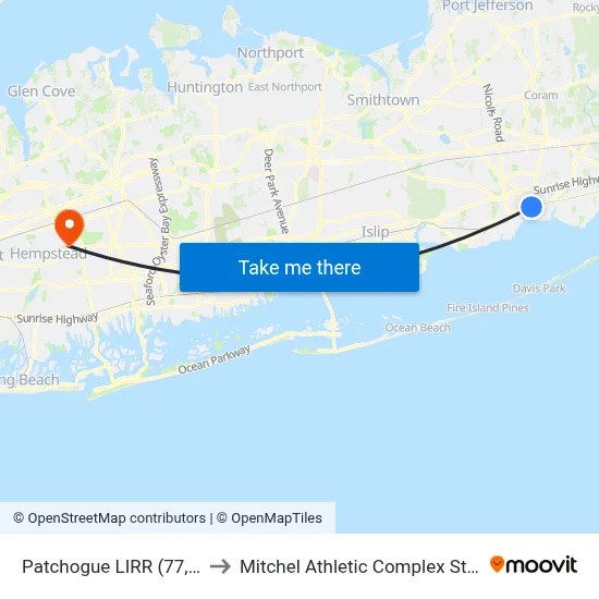 Patchogue LIRR (77, 77y) to Mitchel Athletic Complex Stadium map