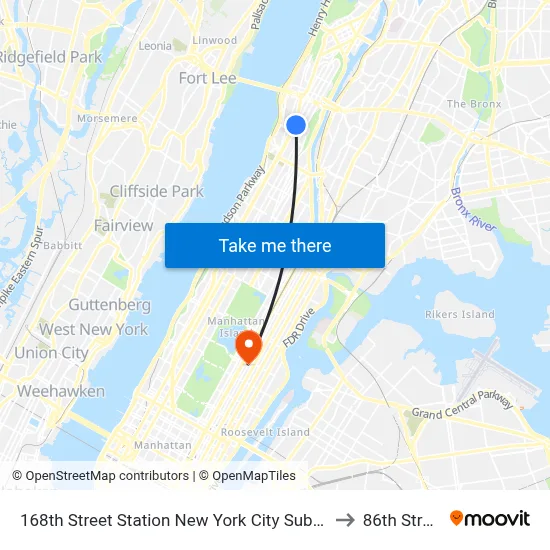 168th Street Station New York City Subway to 86th Street map