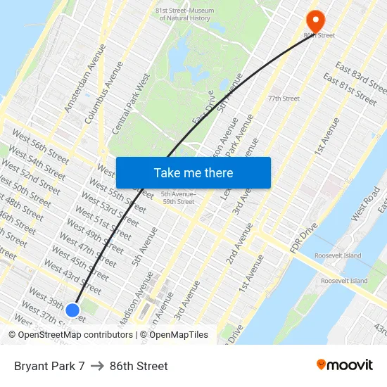 Bryant Park 7 to 86th Street map