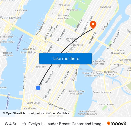 W 4 St-Wash Sq to Evelyn H. Lauder Breast Center and Imaging Center Of Memorial Sloan Kettering map