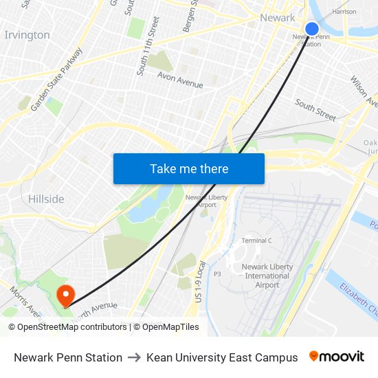 Newark Penn Station to Kean University East Campus map