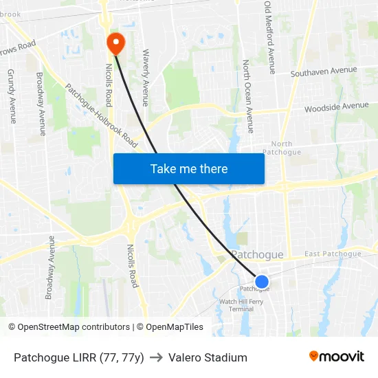 Patchogue LIRR (77, 77y) to Valero Stadium map