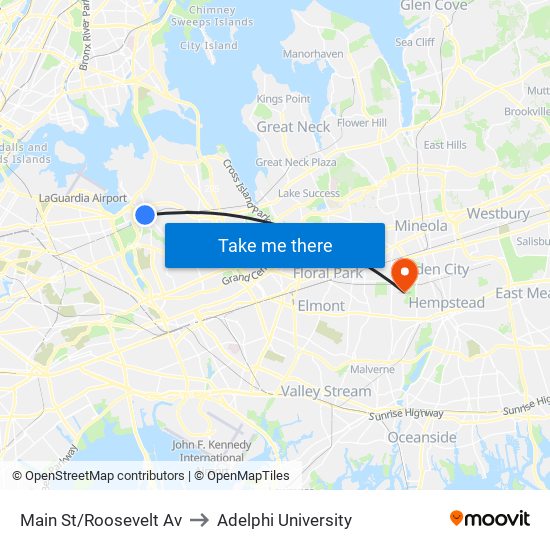 Main St/Roosevelt Av to Adelphi University map