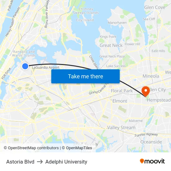 Astoria Blvd to Adelphi University map