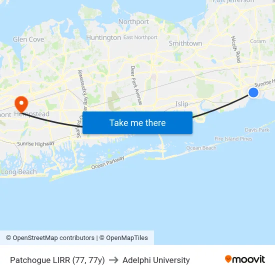 Patchogue LIRR (77, 77y) to Adelphi University map