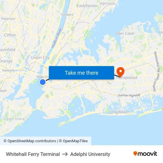 Whitehall Ferry Terminal to Adelphi University map