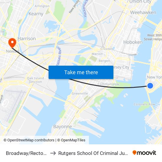 Broadway/Rector St to Rutgers School Of Criminal Justice map