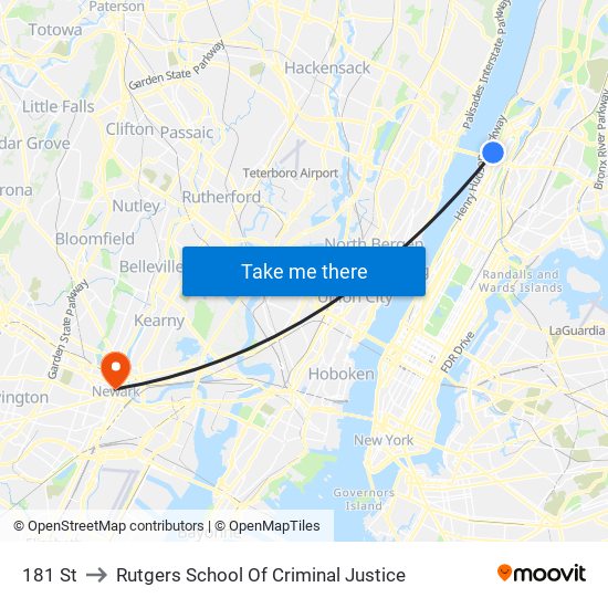 181 St to Rutgers School Of Criminal Justice map