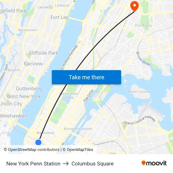 New York Penn Station to Columbus Square map