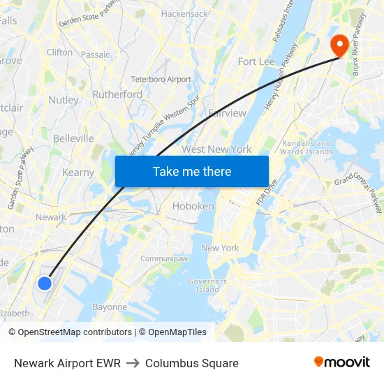 Newark Airport EWR to Columbus Square map