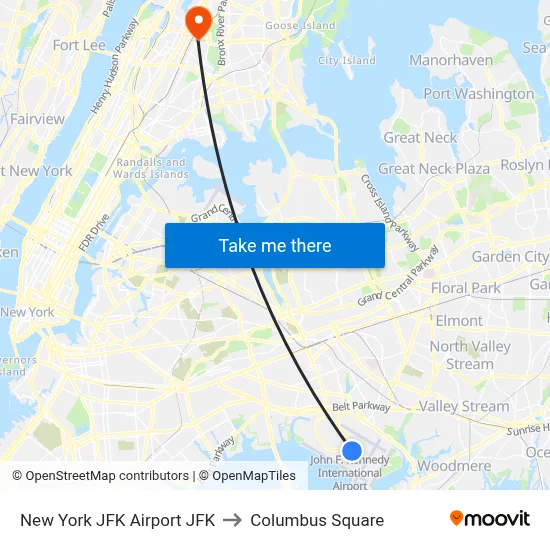 New York JFK Airport JFK to Columbus Square map
