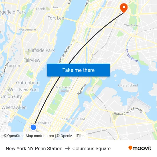 New York NY Penn Station to Columbus Square map