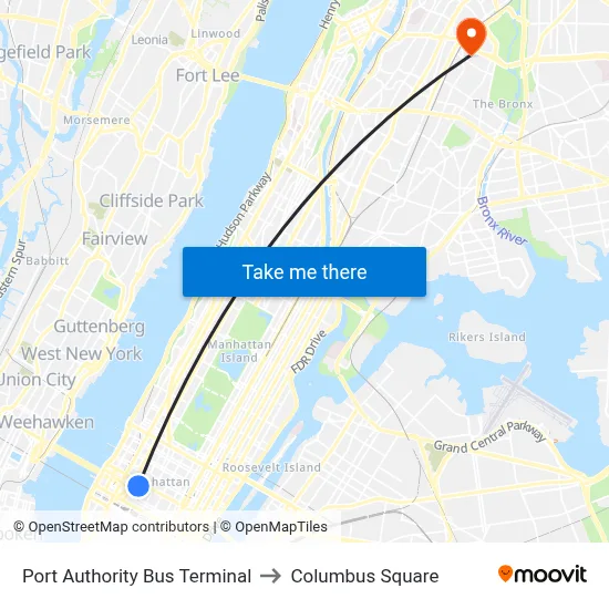 Port Authority Bus Terminal to Columbus Square map