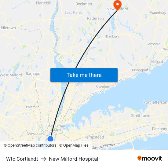 Wtc Cortlandt to New Milford Hospital map