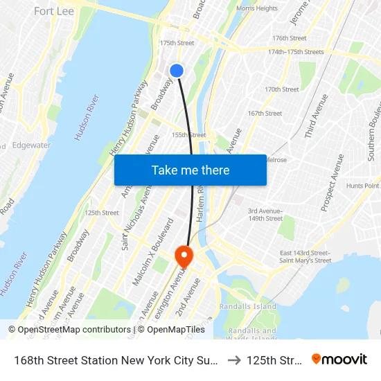 168th Street Station New York City Subway to 125th Street map