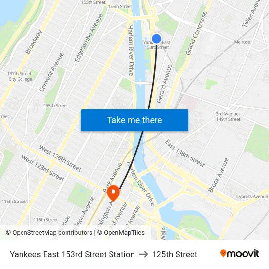 Yankees East 153rd Street Station to 125th Street map