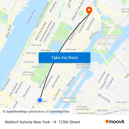 Waldorf Astoria New York to 125th Street map