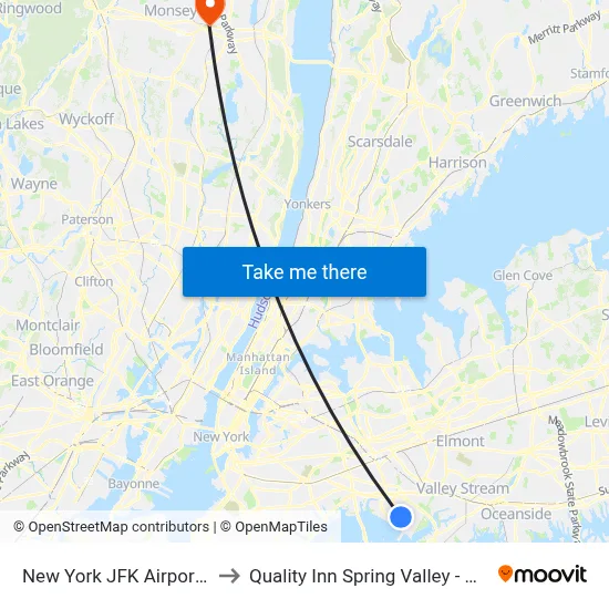 New York JFK Airport JFK to Quality Inn Spring Valley - Nanuet map