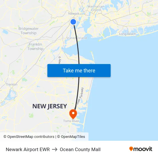 Newark Airport EWR to Ocean County Mall map