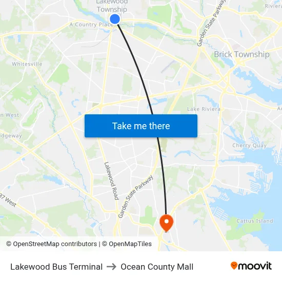 Lakewood Bus Terminal to Ocean County Mall map