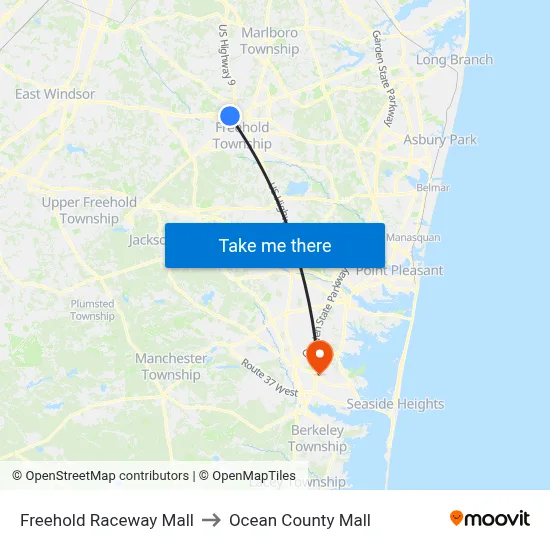 Freehold Raceway Mall to Ocean County Mall map