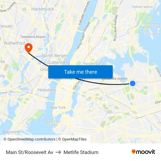 Main St/Roosevelt Av to Metlife Stadium map