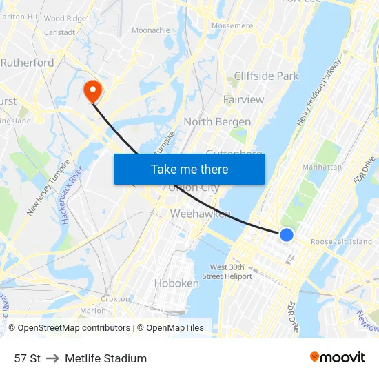57 St to Metlife Stadium map