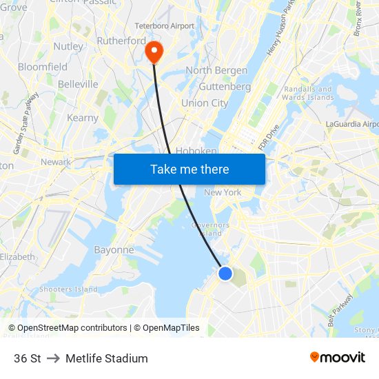 36 St to Metlife Stadium map