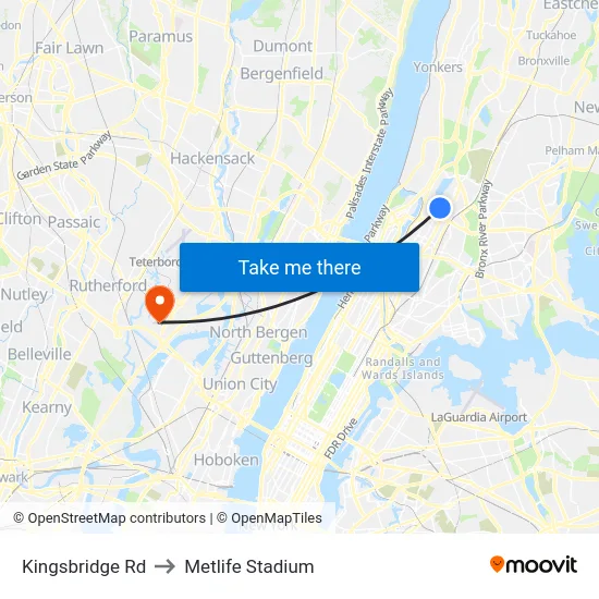 Kingsbridge Rd to Metlife Stadium map
