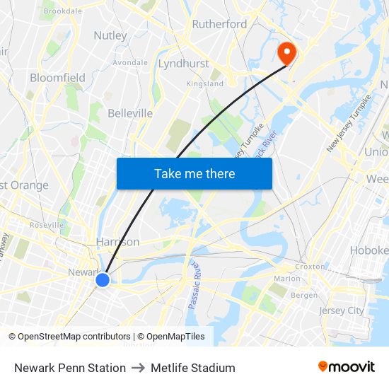 Newark Penn Station to Metlife Stadium map