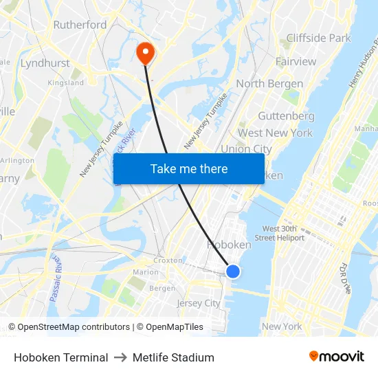 Hoboken Terminal to Metlife Stadium map