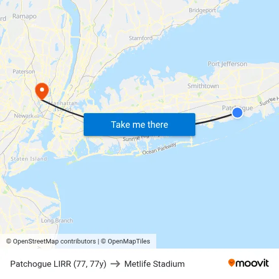 Patchogue LIRR (77, 77y) to Metlife Stadium map