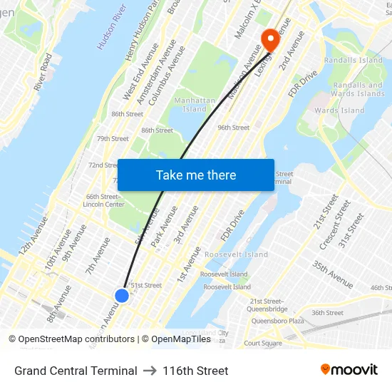 Grand Central Terminal to 116th Street map