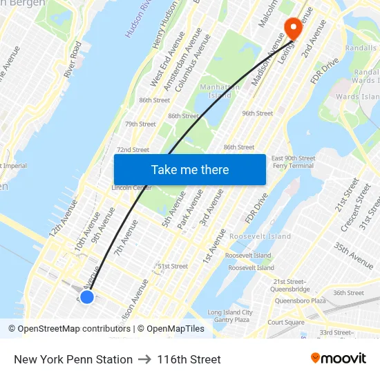 New York Penn Station to 116th Street map