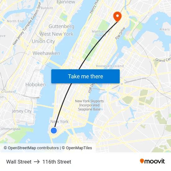 Wall Street to 116th Street map