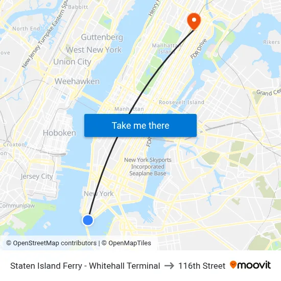 Staten Island Ferry - Whitehall Terminal to 116th Street map