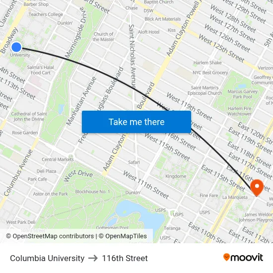 Columbia University to 116th Street map