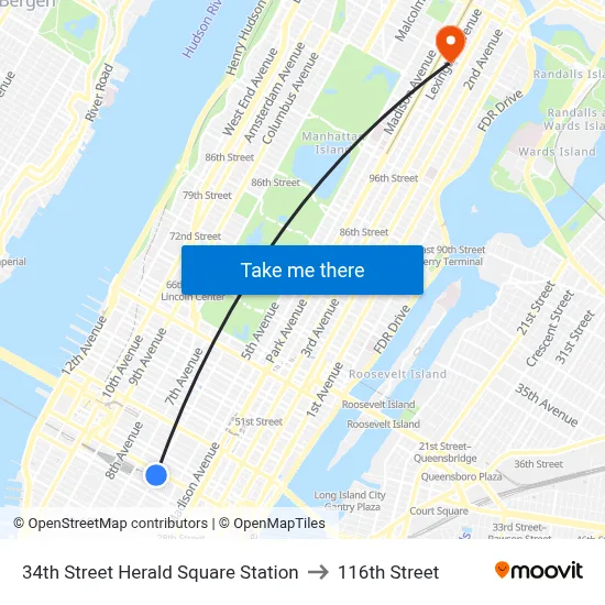 34th Street Herald Square Station to 116th Street map