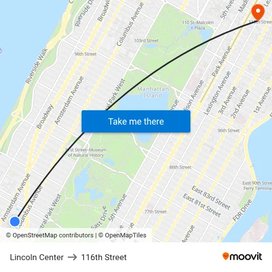 Lincoln Center to 116th Street map