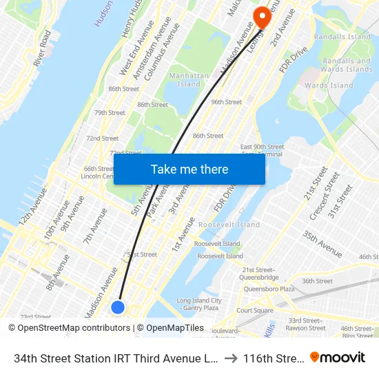 34th Street Station IRT Third Avenue Line to 116th Street map
