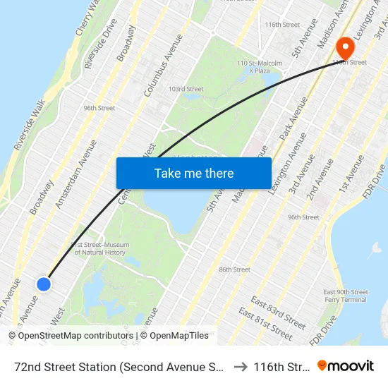 72nd Street Station (Second Avenue Subway) to 116th Street map
