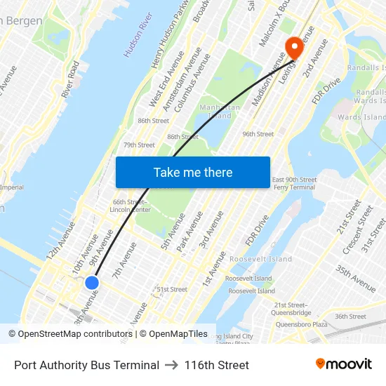 Port Authority Bus Terminal to 116th Street map
